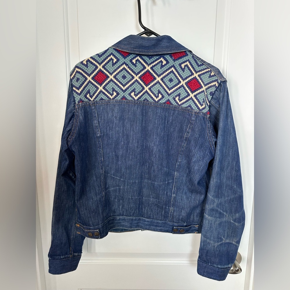 1970s vintage screen door threads denim jacket Needlepoint Back Medium Boho
